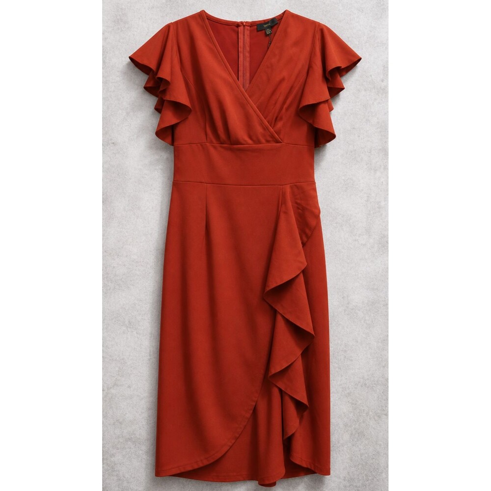 Knitee Ruffle Midi Dress Womens Small Rust Red Faux Wrap Cocktail NWT